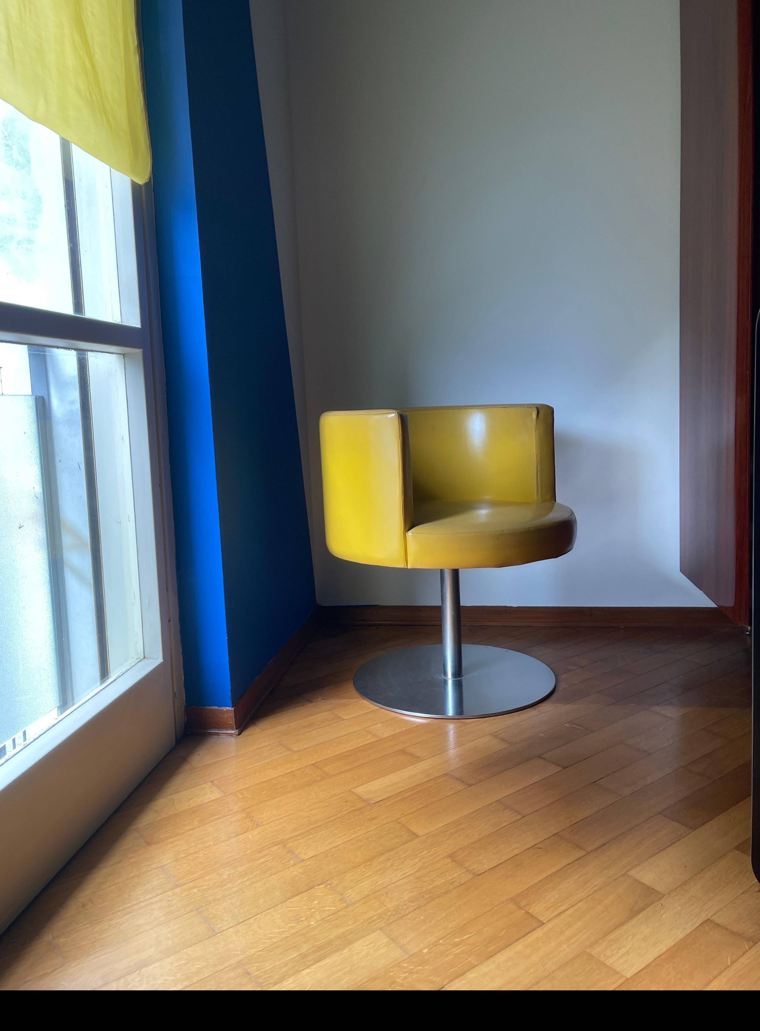 Vintage Italian Space Age Yellow Leather Accent Swivel Chair by Antonia Astori