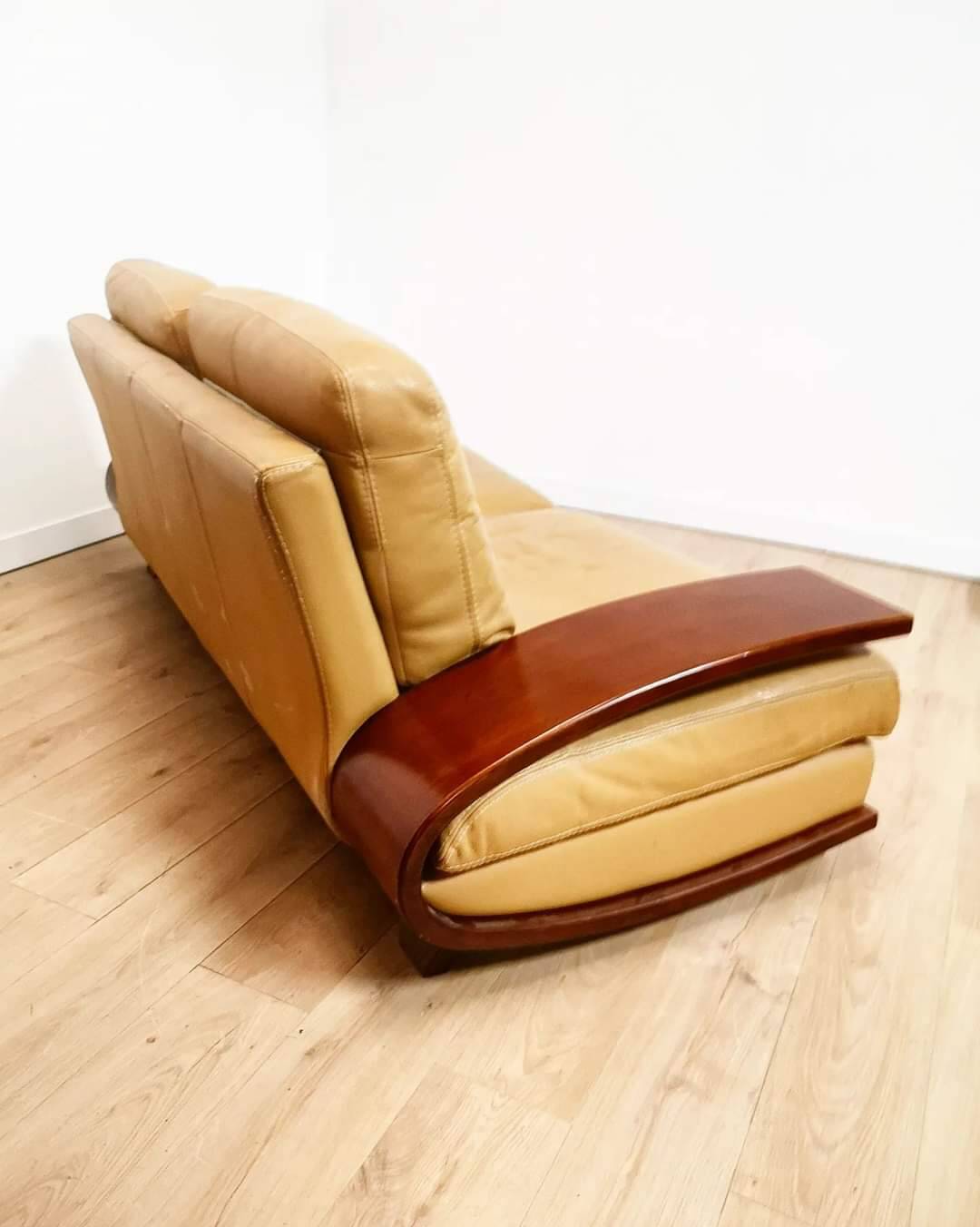 Vintage Italian leather and wood sofa