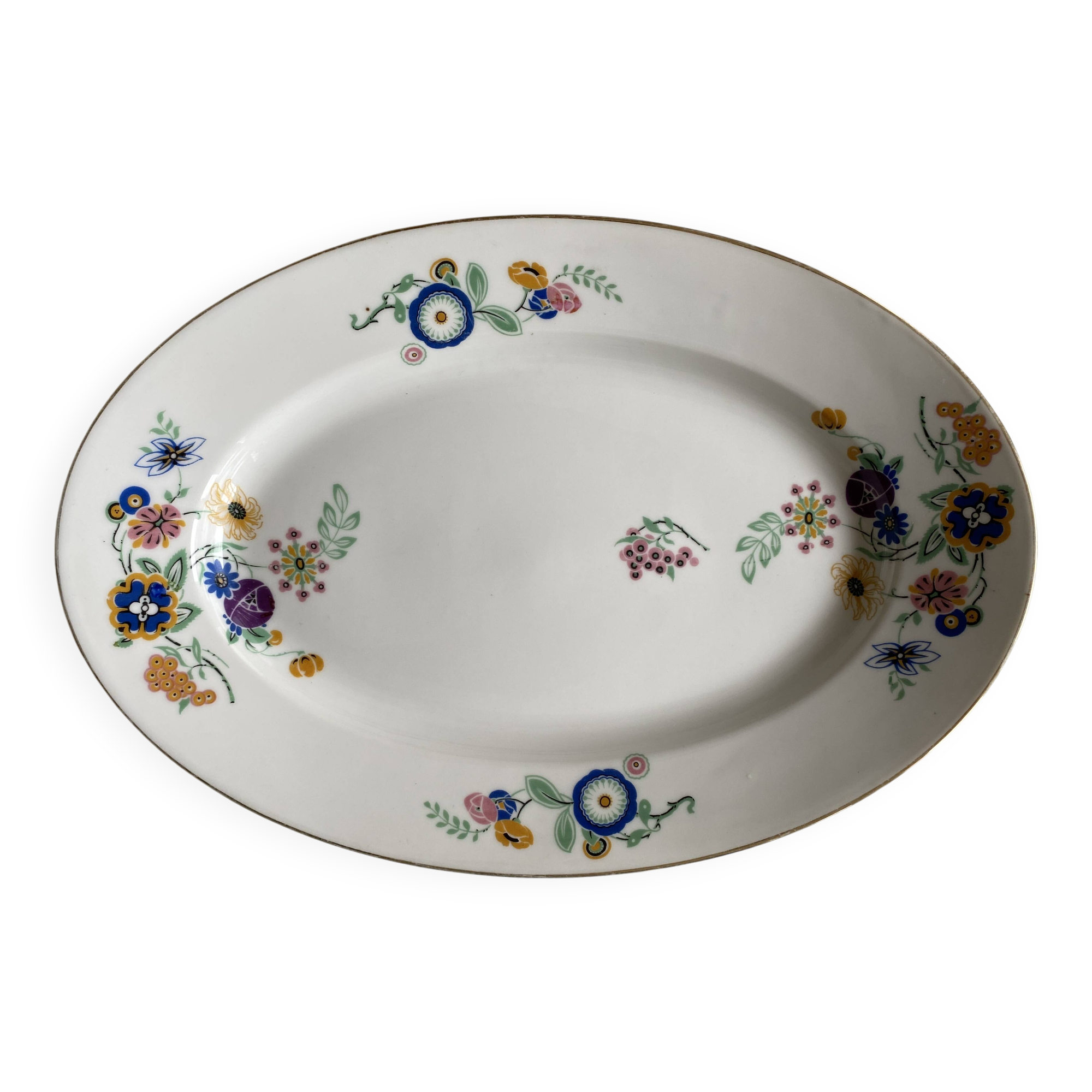 Oval vintage plate in white Limoges porcelain signed T.L.B flowers.