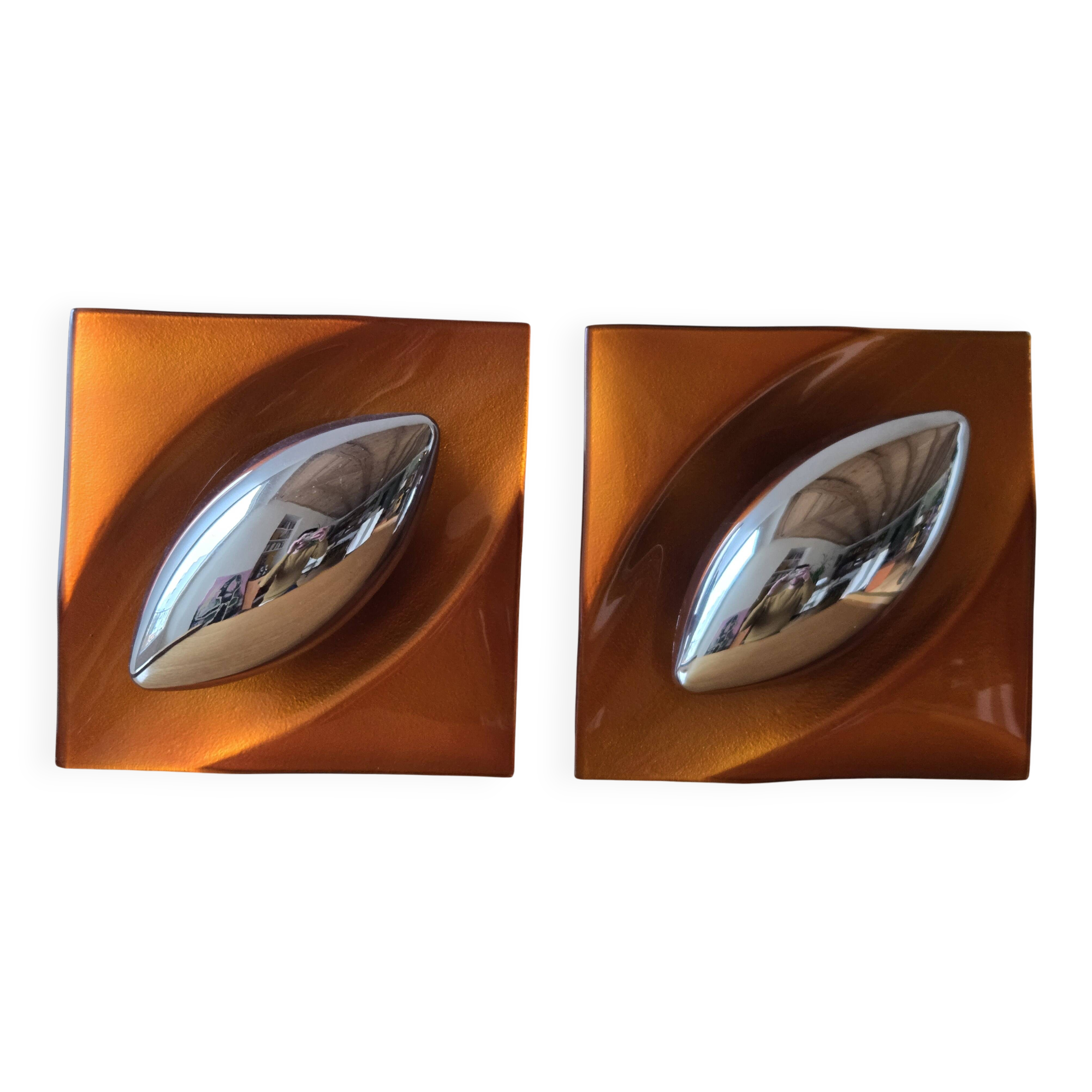 Pair of vintage square wall lights in glass and chrome - Space Age design