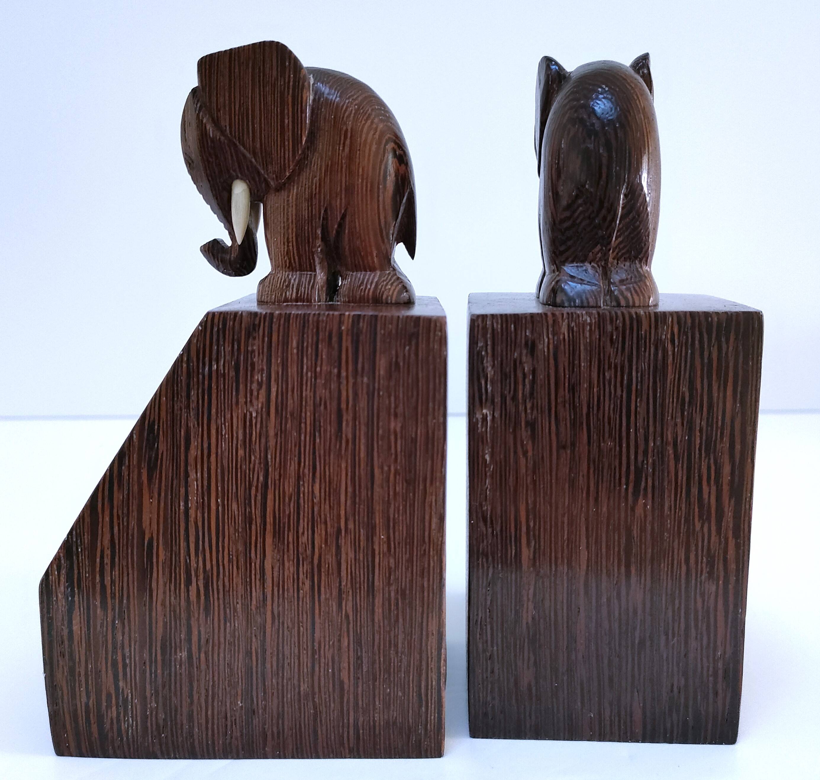 Pair of stylized elephant bookends in solid wood