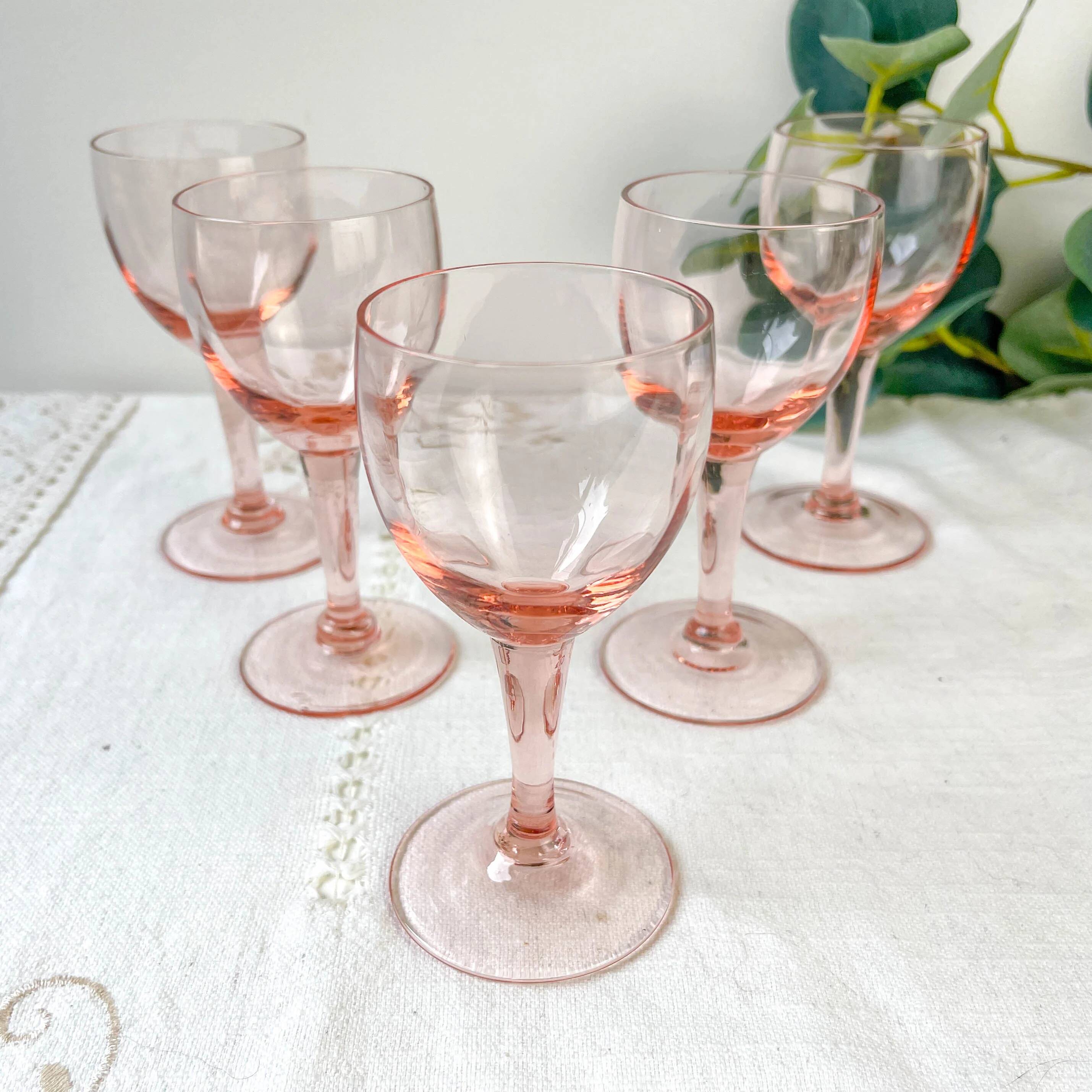 5 vintage faceted pink red wine glasses – 1950s – French elegance