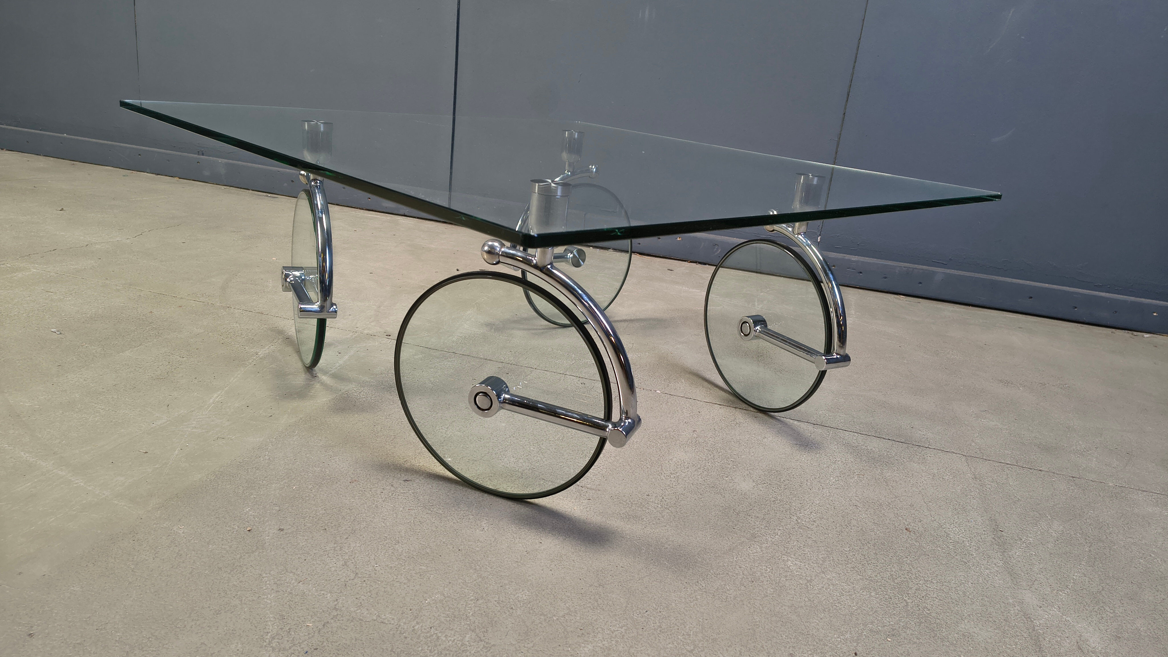 Glass coffee table with wheels, 1980s