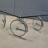 Glass coffee table with wheels, 1980s