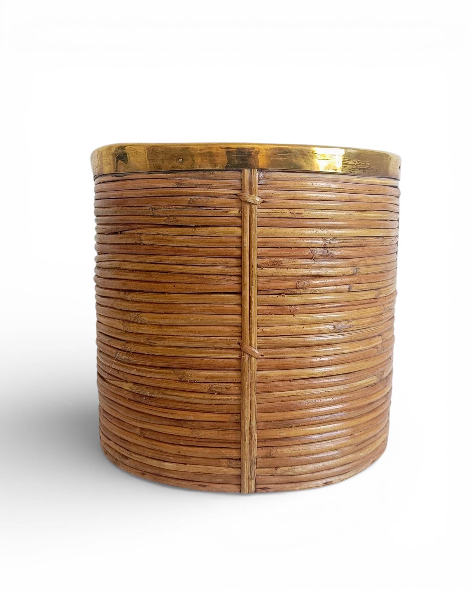 Mid-Century Organic Modern Large Pencil Reed / Rattan Planter with Brass Rim