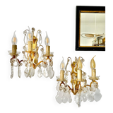 Pair of bronze wall lights and crystal pendants