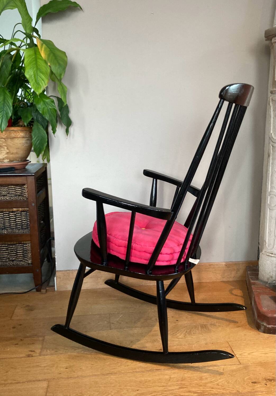 Vintage Scandinavian rocking chair in blackened wood from the 1970s