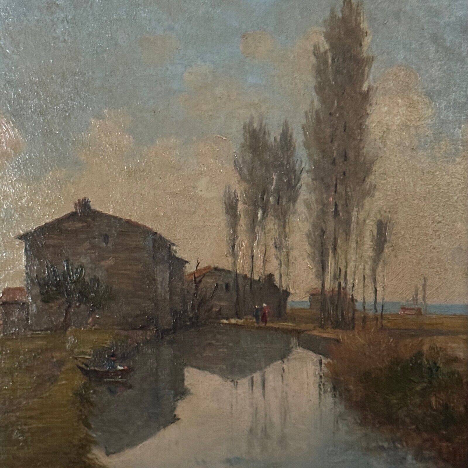 Oil on cardboard by Paul Faugier riverside landscape with poplars