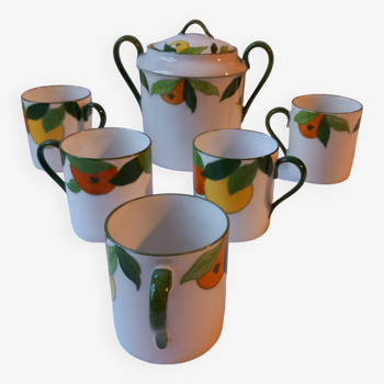 5 tasses et un sucrier agrumes porcelaine Lanternier Limoges