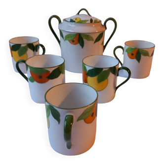 5 cups and a citrus sugar bowl, Lanternier Limoges porcelain