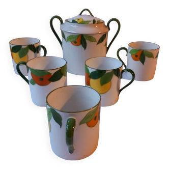 5 tasses et un sucrier agrumes porcelaine Lanternier Limoges