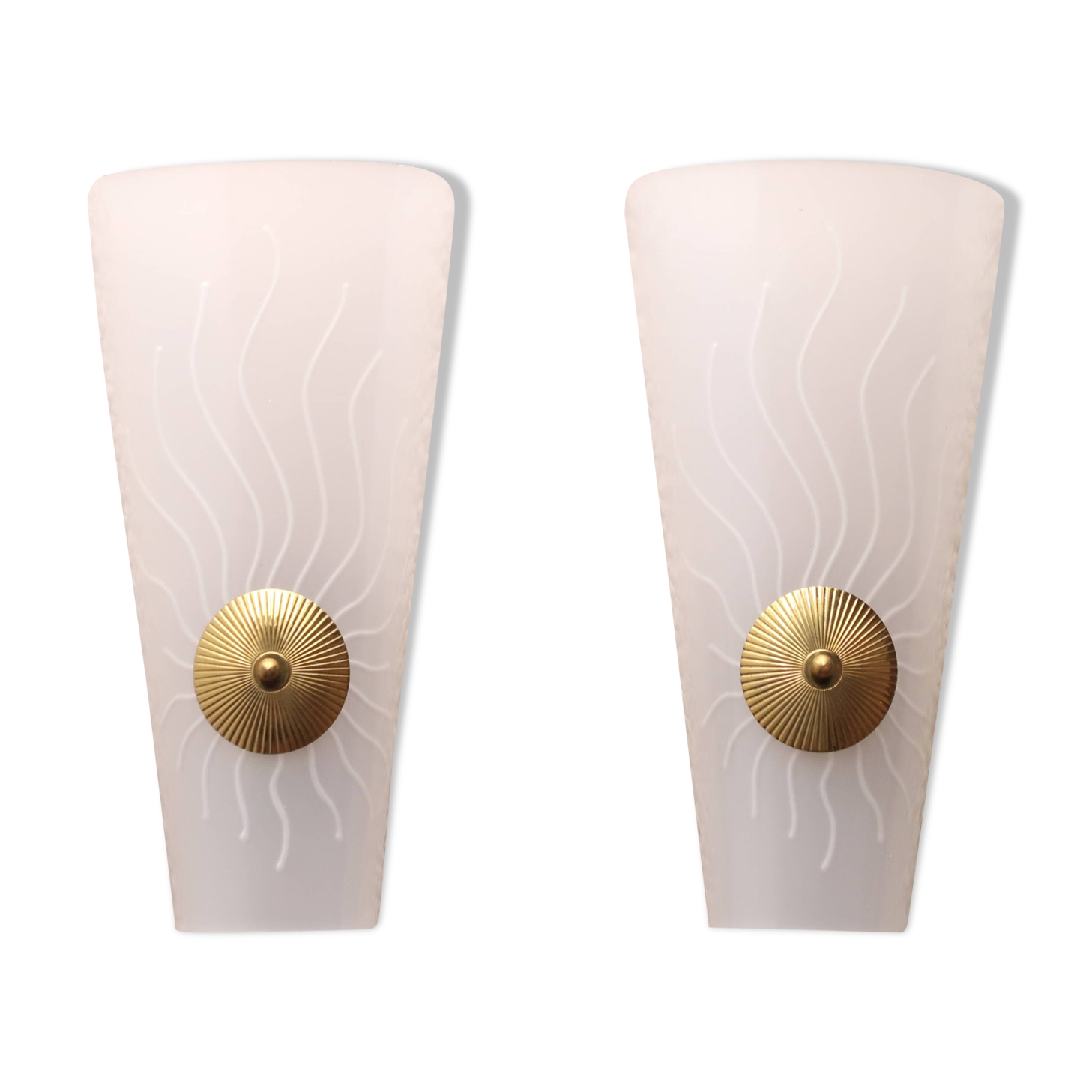 Pair of white and gold wall lights, sun decor, 1950s