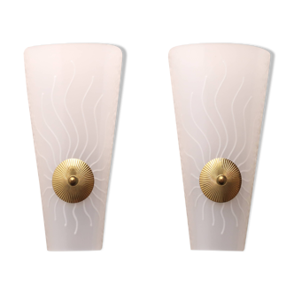 Pair of white and gold wall lights, sun decor, 1950s