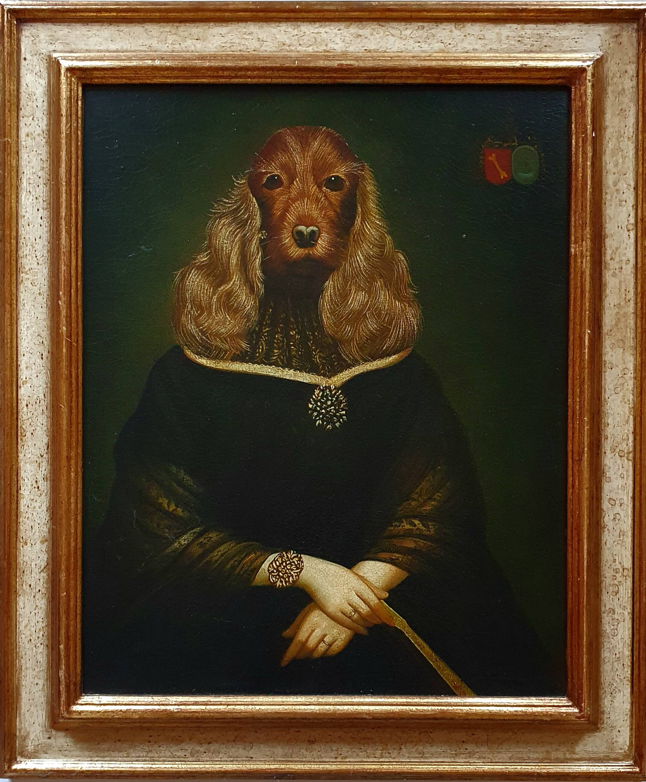 Ancient painting of a woman with a cocker spaniel head signed Taddei.