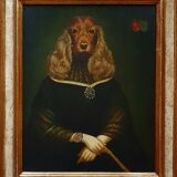 Ancient painting of a woman with a cocker spaniel head signed Taddei.