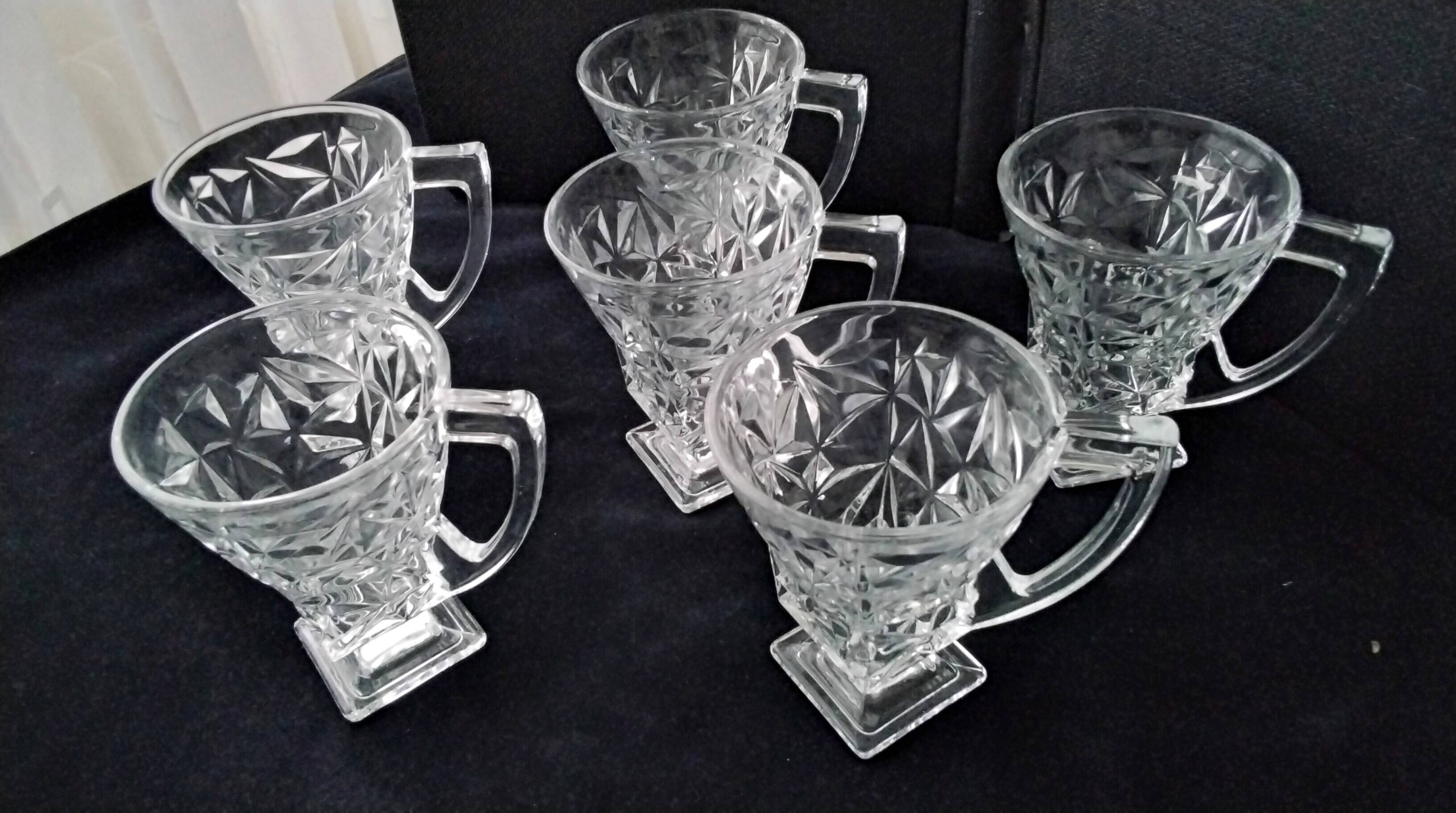 6 tea glasses with handles made of pressed moulded glass