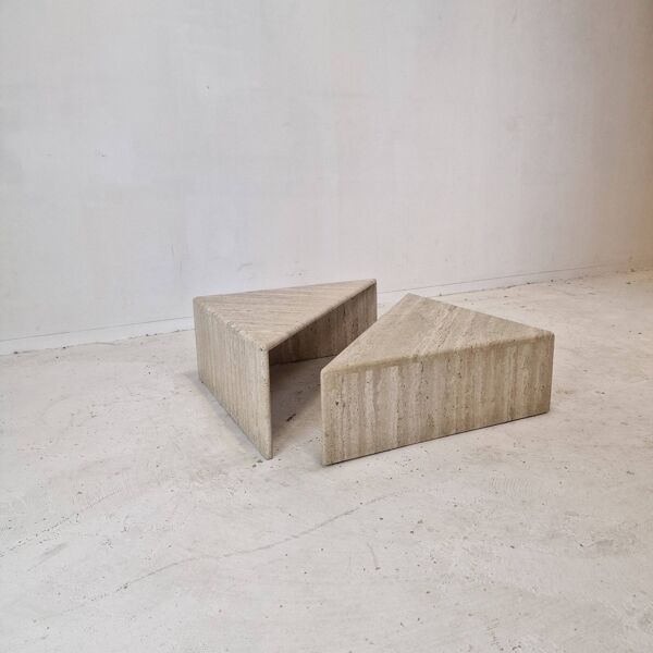 Set of Two Triangle Coffee Tables In Travertine By Up & Up, Italy 1980's