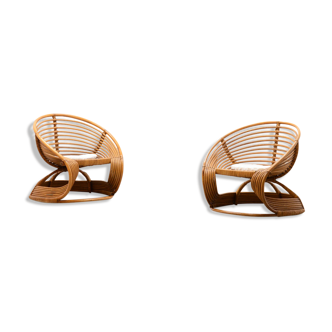 Set of 2 rattan hand made lounge chairs, Italy 60s.