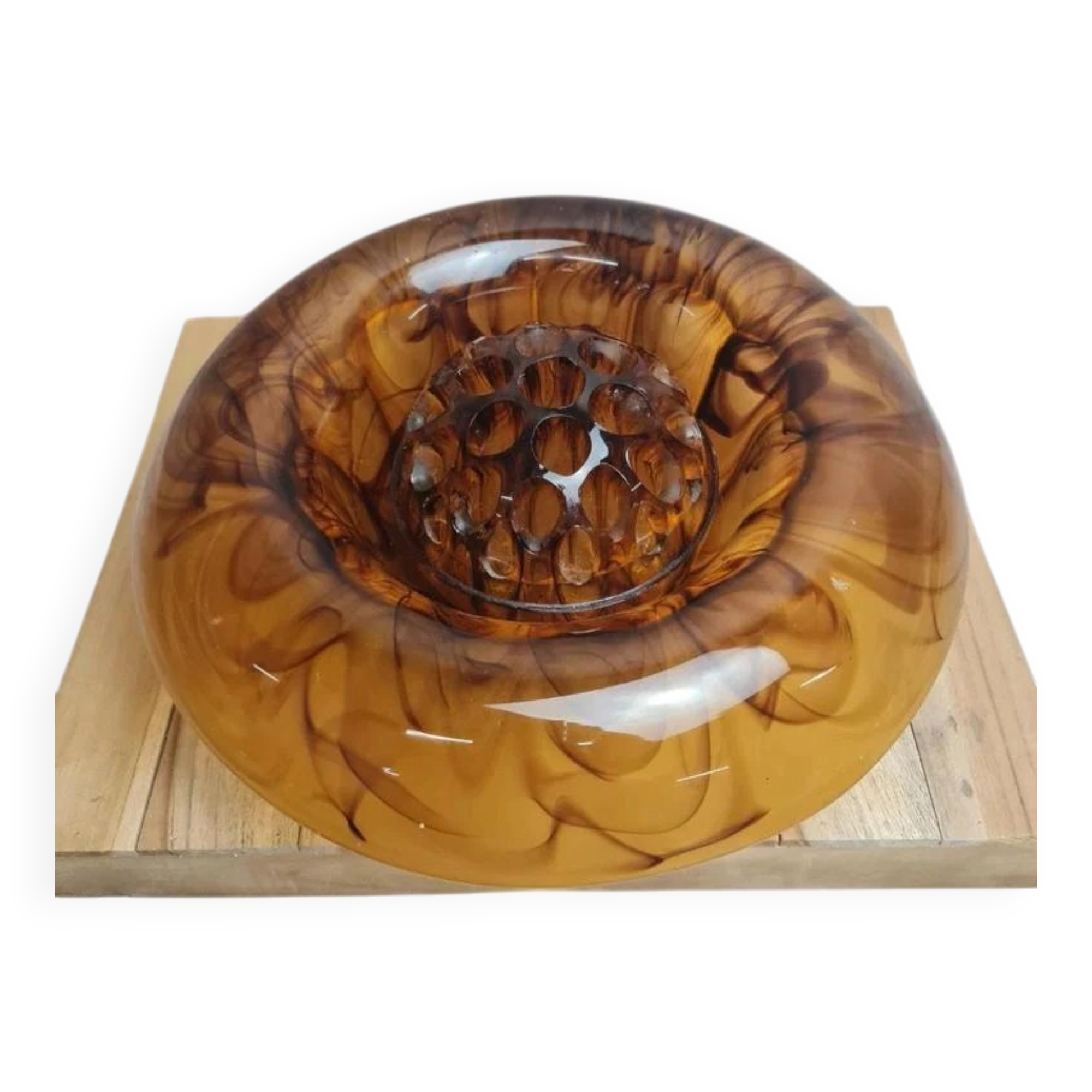 Art Deco Davidson "Cloud Glass" amber centrepiece bowl – vintage English flower holder