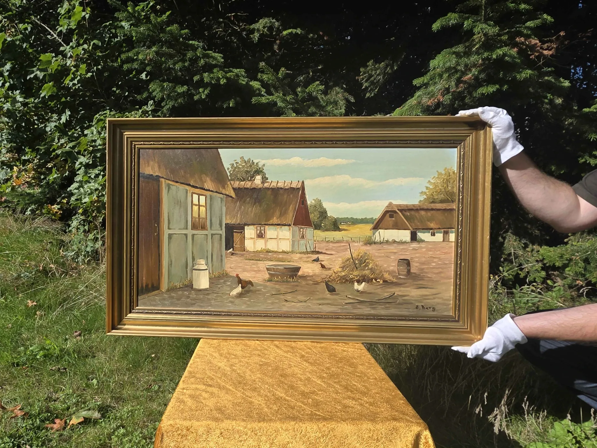 Vintage Oil Painting - Sunlit Farmyard with Chickens