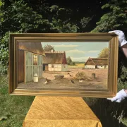 Vintage Oil Painting - Sunlit Farmyard with Chickens
