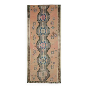 Vintage Turkish Oushak Handmade Cotton Orange Wool Kilim Runner Rug 170x404