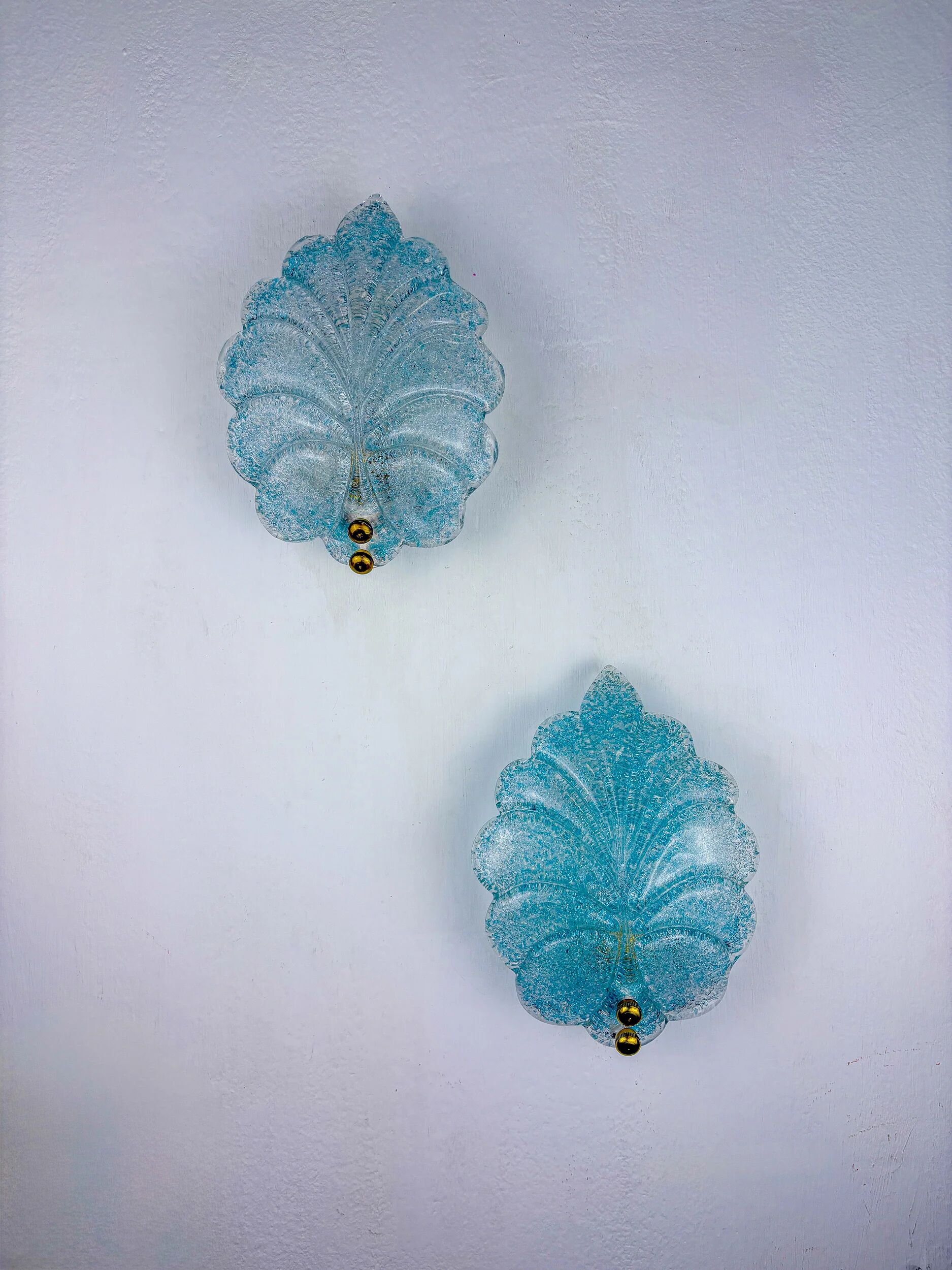 Pair of Barovier & Toso leaf-shaped wall sconces, light blue Murano glass, Italy, 1960s