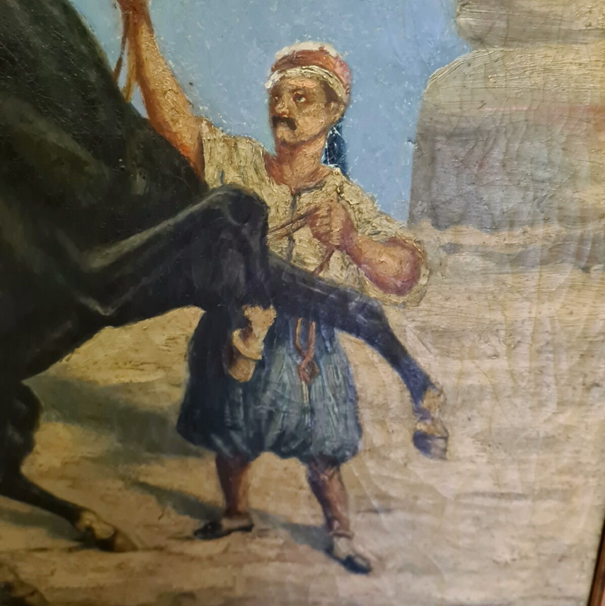 Peinture orientale d’un cheval avec une personne par Alexis de Reus 1908
