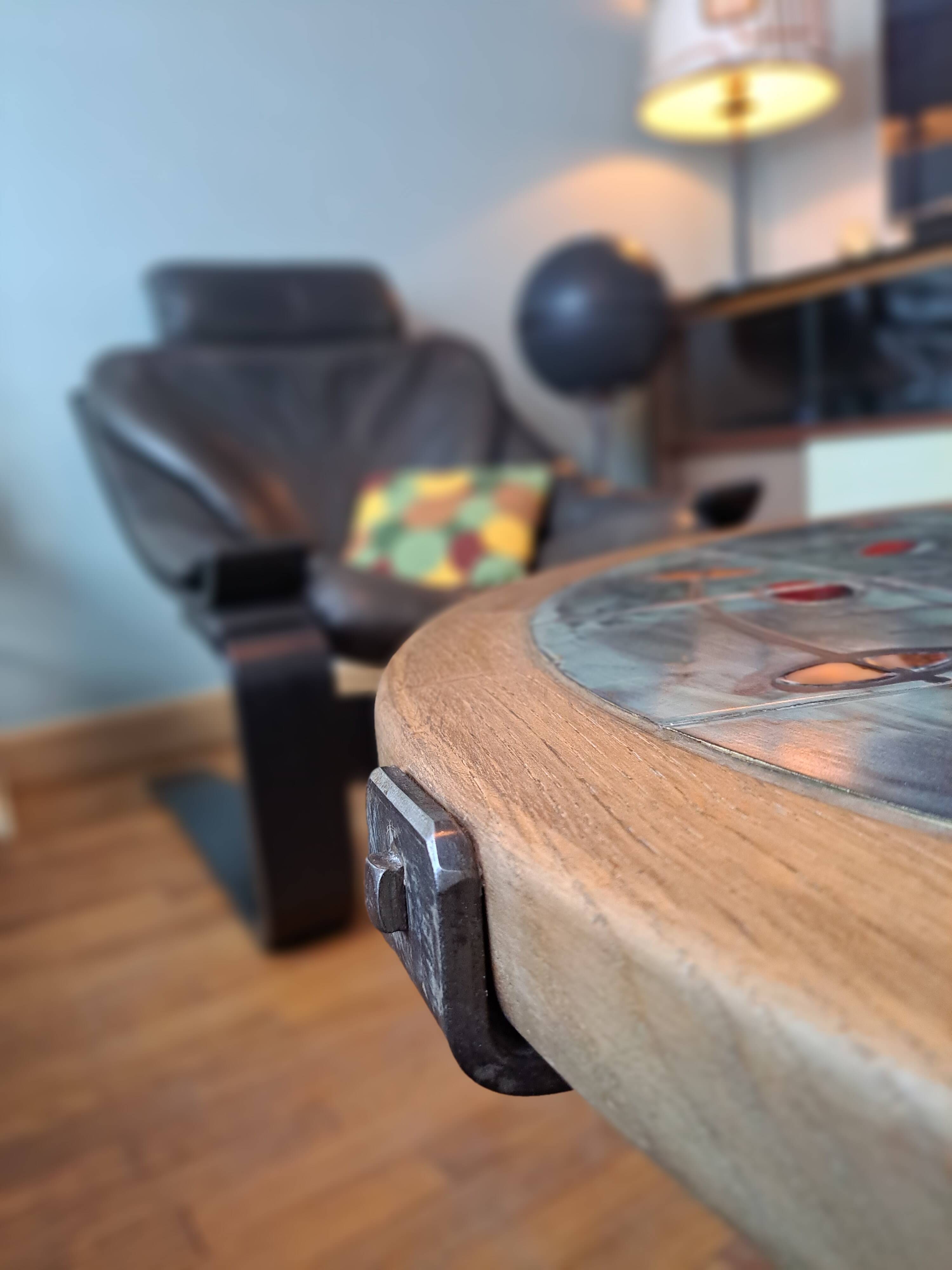 Vallauris coffee table signed drac 1960 wood earthenware steel