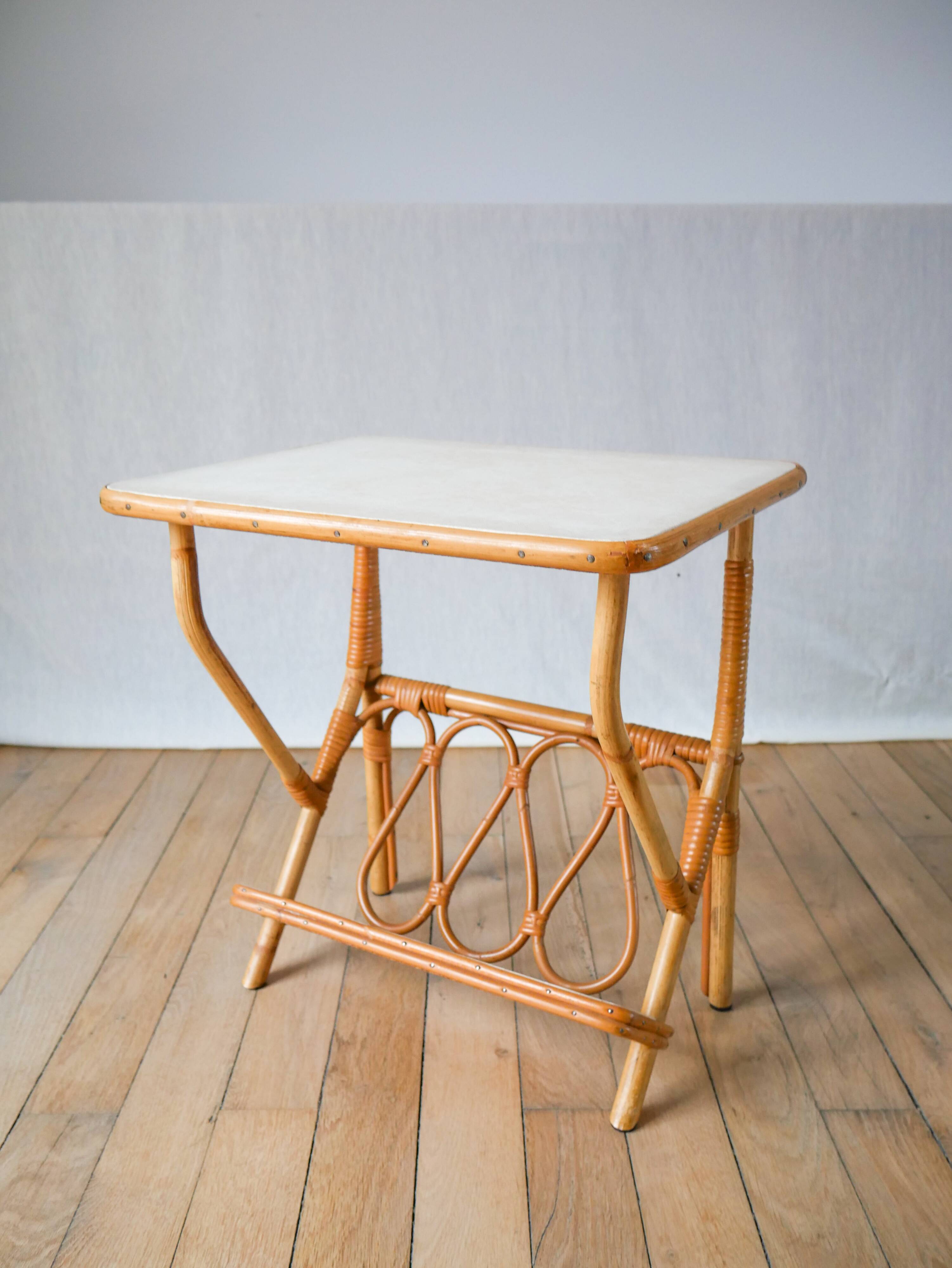 1960s rattan and bamboo side table with magazine rack