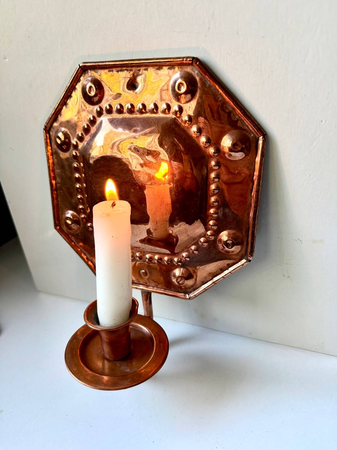 Scandinavian Antique Wall Candle Holder Sconce in Copper