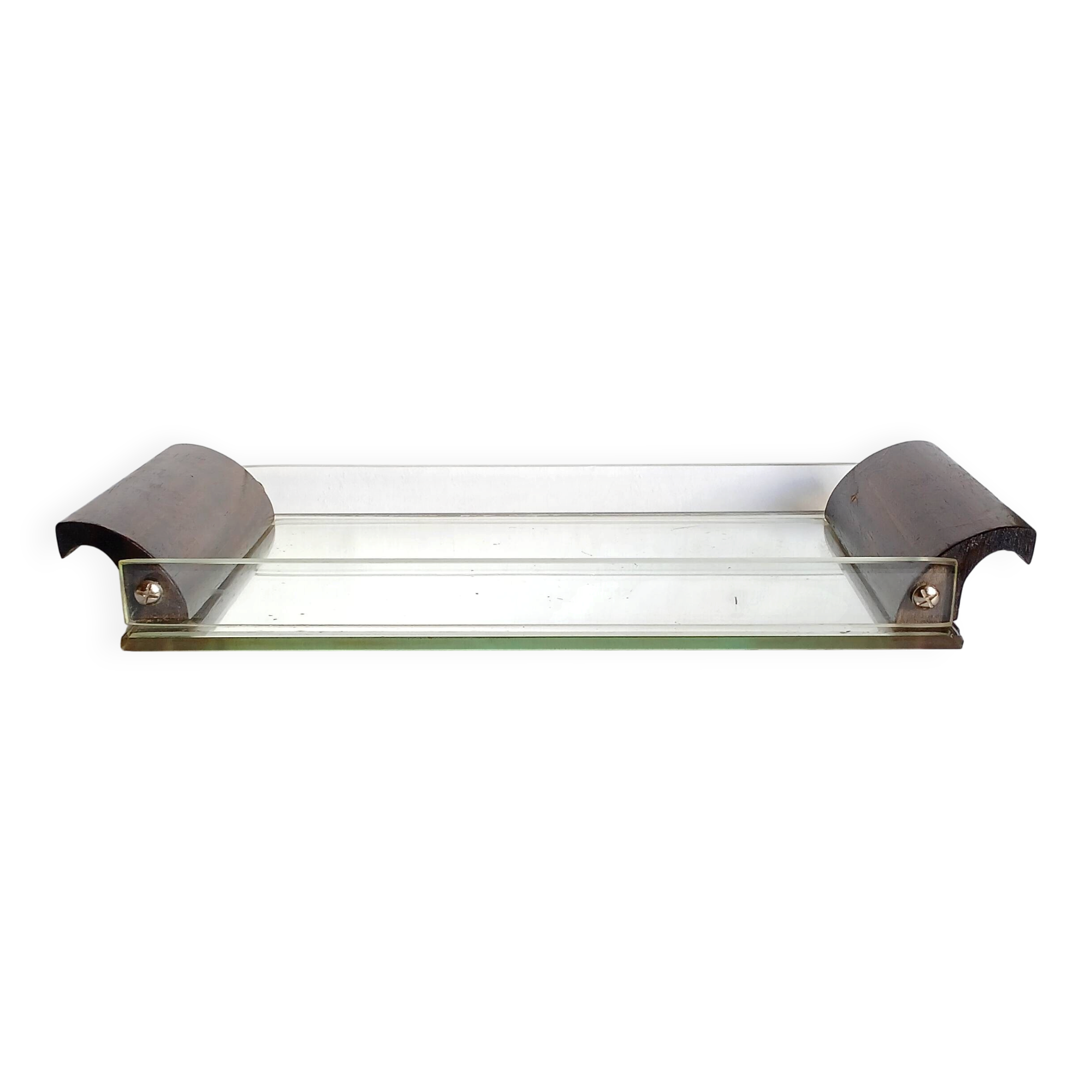 Art Deco mirror, glass & exotic wood courtesy tray. 1930s