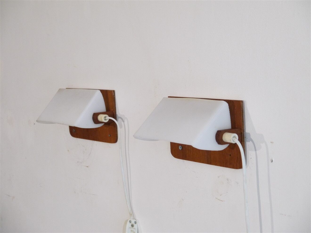 Pair of Scandinavian wall lamps in teak and acrylic 1970