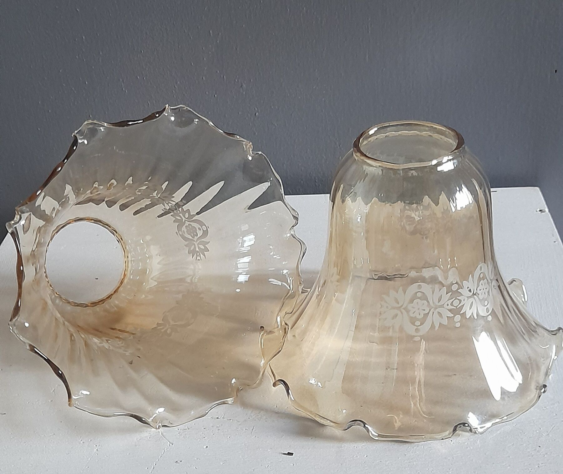2 tulip globes ruffled, amber silkscreened decoration white - vintage 1970