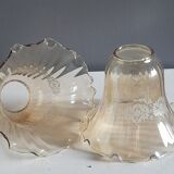 2 tulip globes ruffled, amber silkscreened decoration white - vintage 1970
