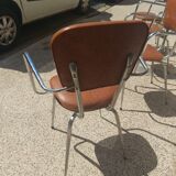 Set of 4 armchairs in chromed metal and brown imitation leather, circa 1960