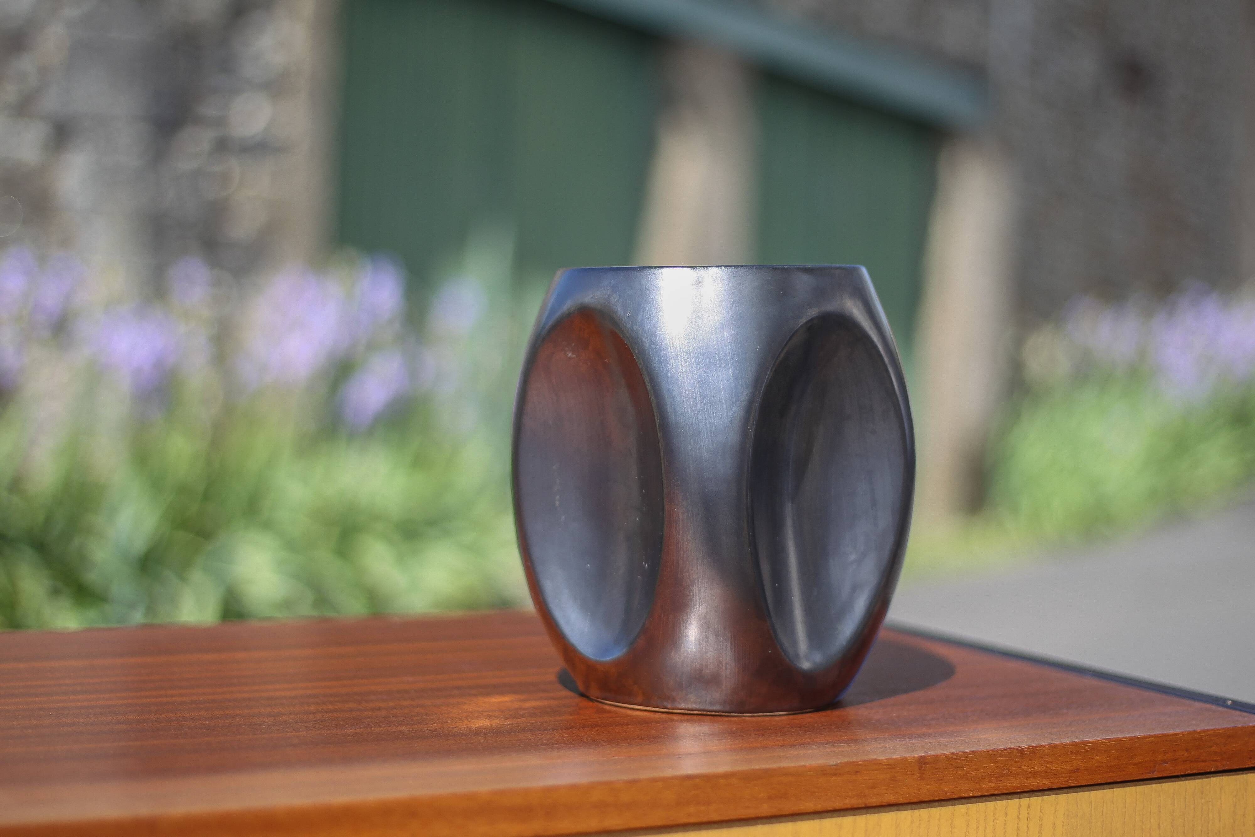 Vallauris modernist cubic vase enamelled black with orange interior, vintage vase, collection, decoration