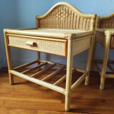 Pair of vintage 80s bedside tables in light rattan.