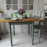 Table, vintage desk with smoked green legs, oak top