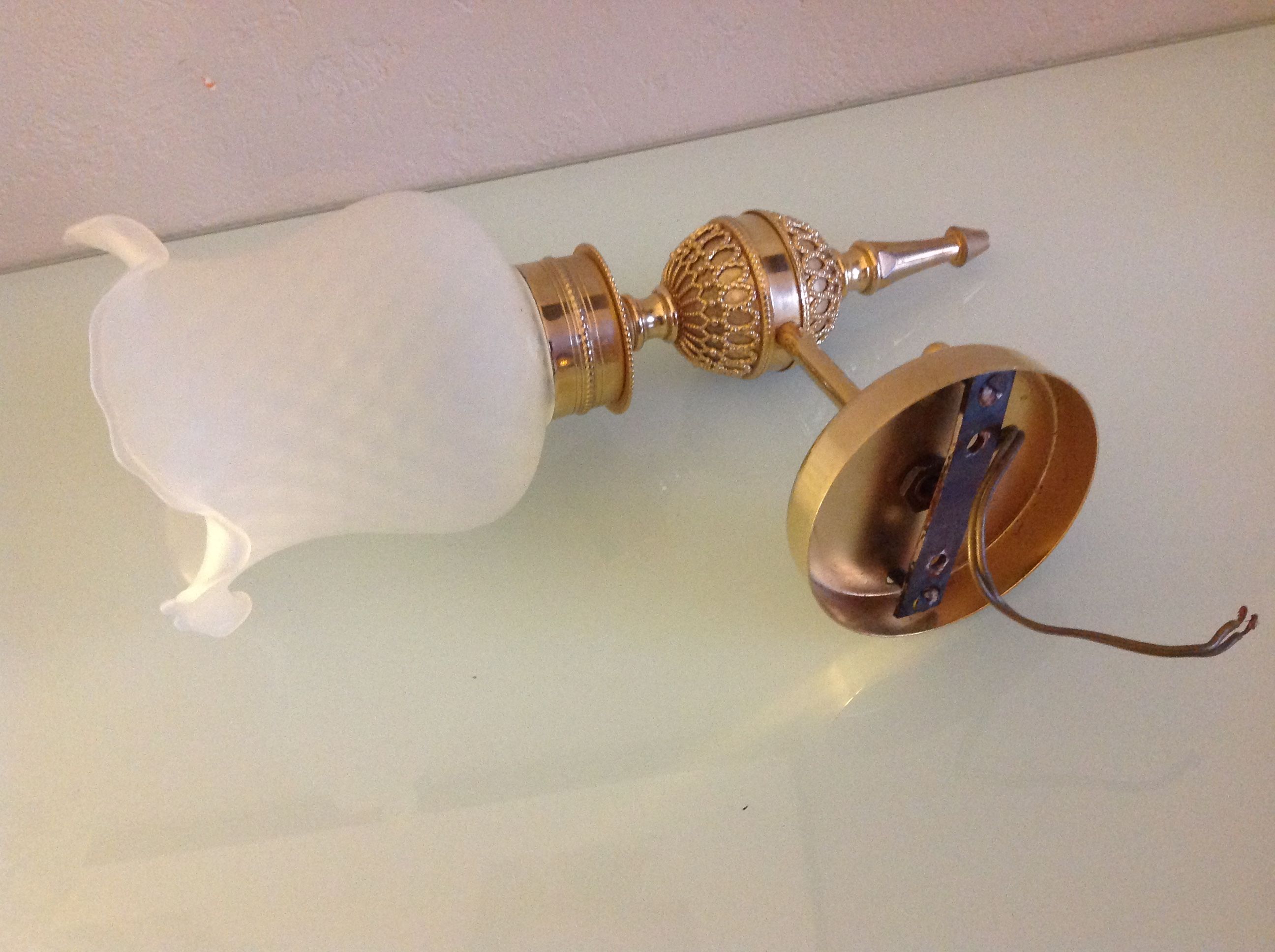 Brass wall light and satin glas vintage 50s-60s