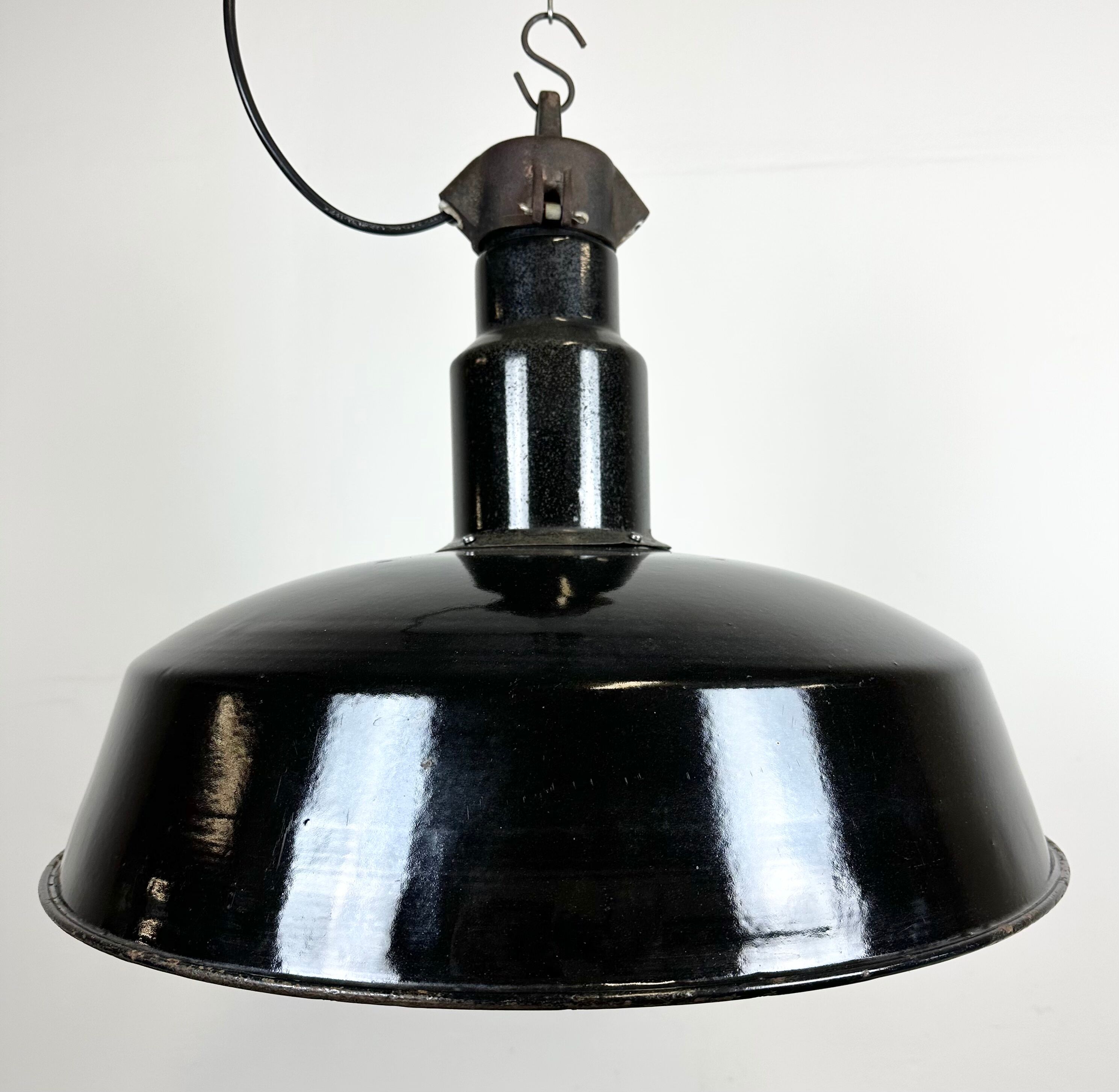 Industrial midcentury black enamel factory lamp, 1950s
