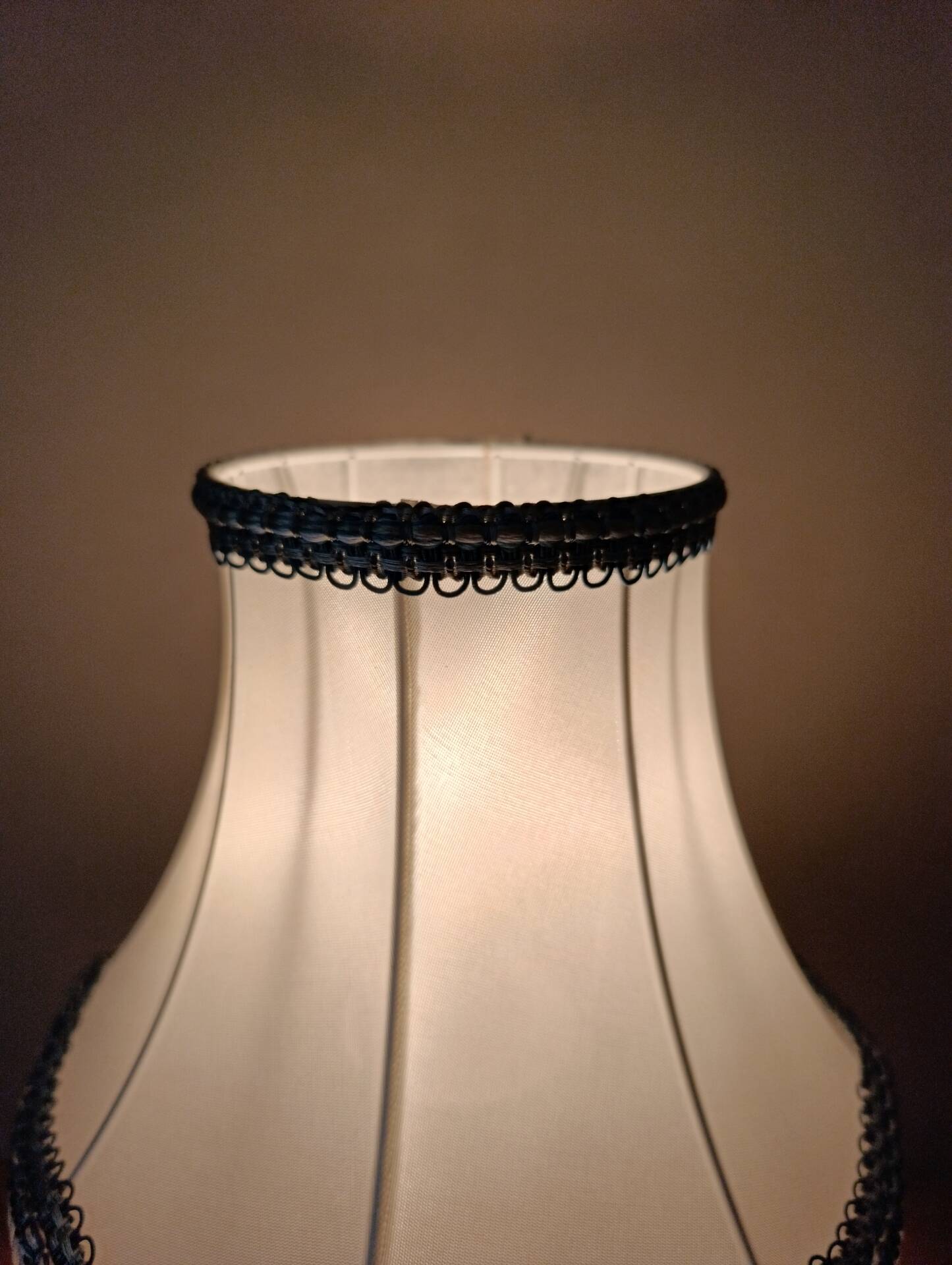 Alabaster lamp, satin white and blue pagoda shade.