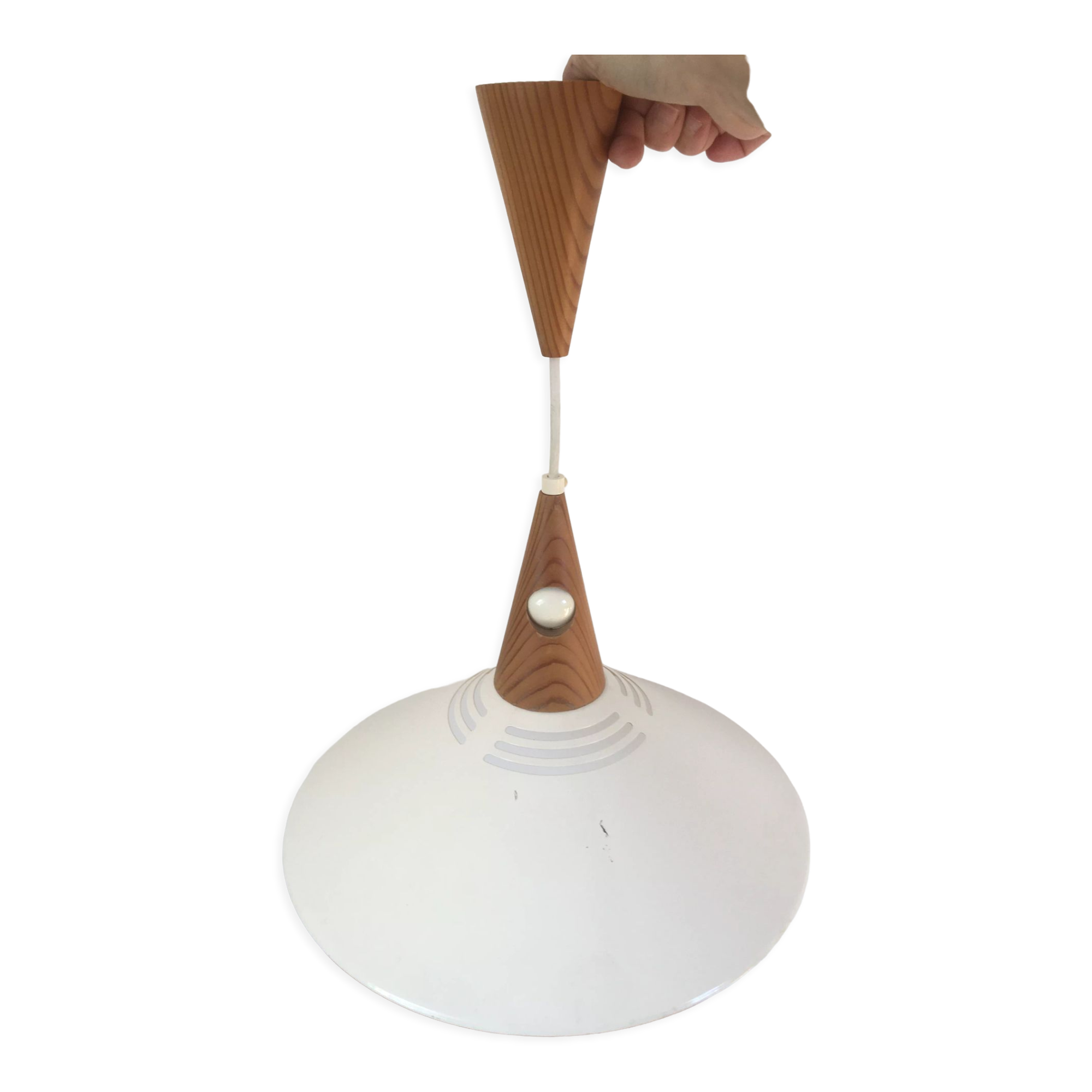 Scandinavian pendant lamp in teak and white metal 70s