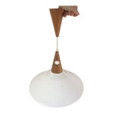 Scandinavian pendant lamp in teak and white metal 70s