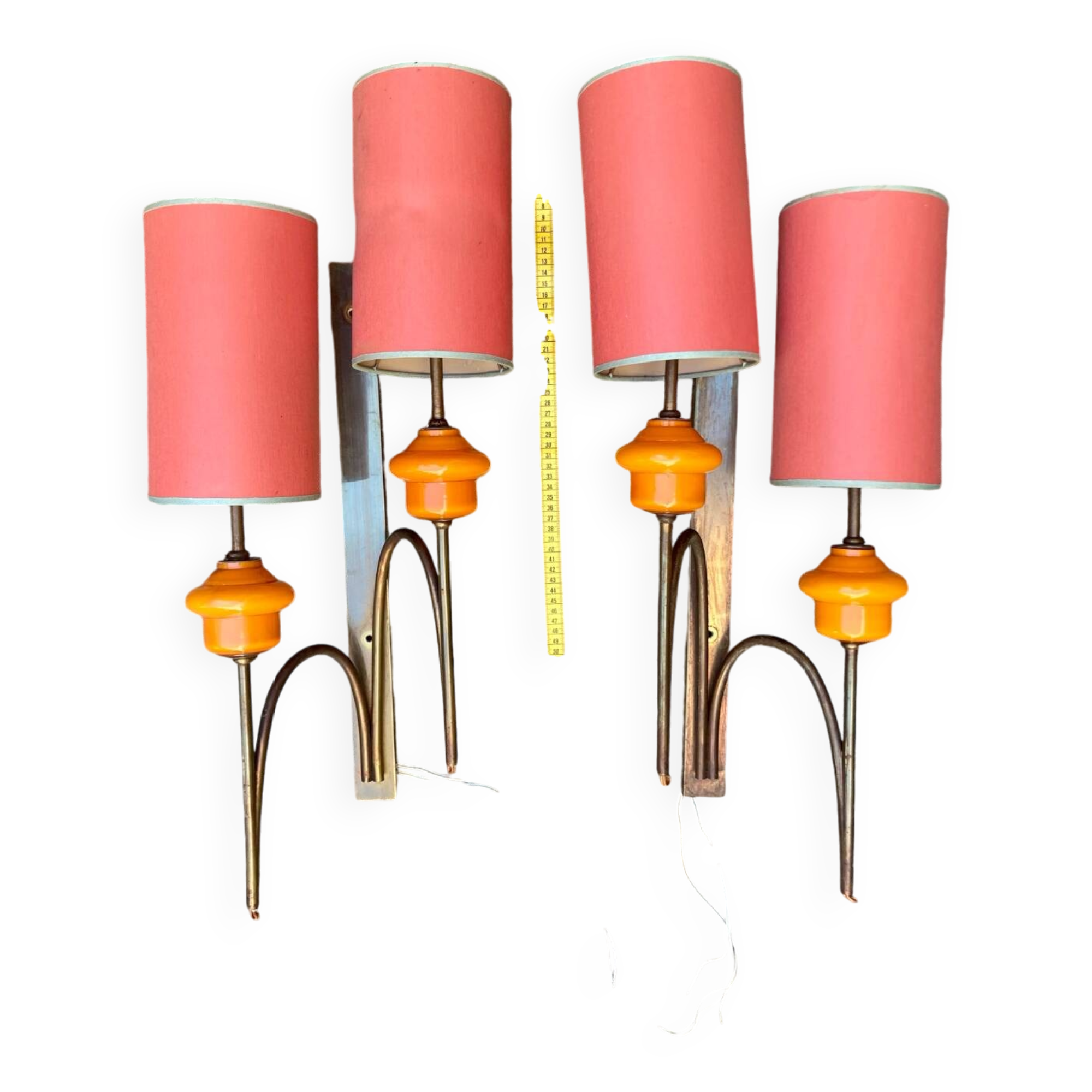 Large pair of wall sconces in brass and orange opaline glass