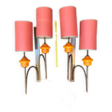 Large pair of wall lights in brass and orange opaline