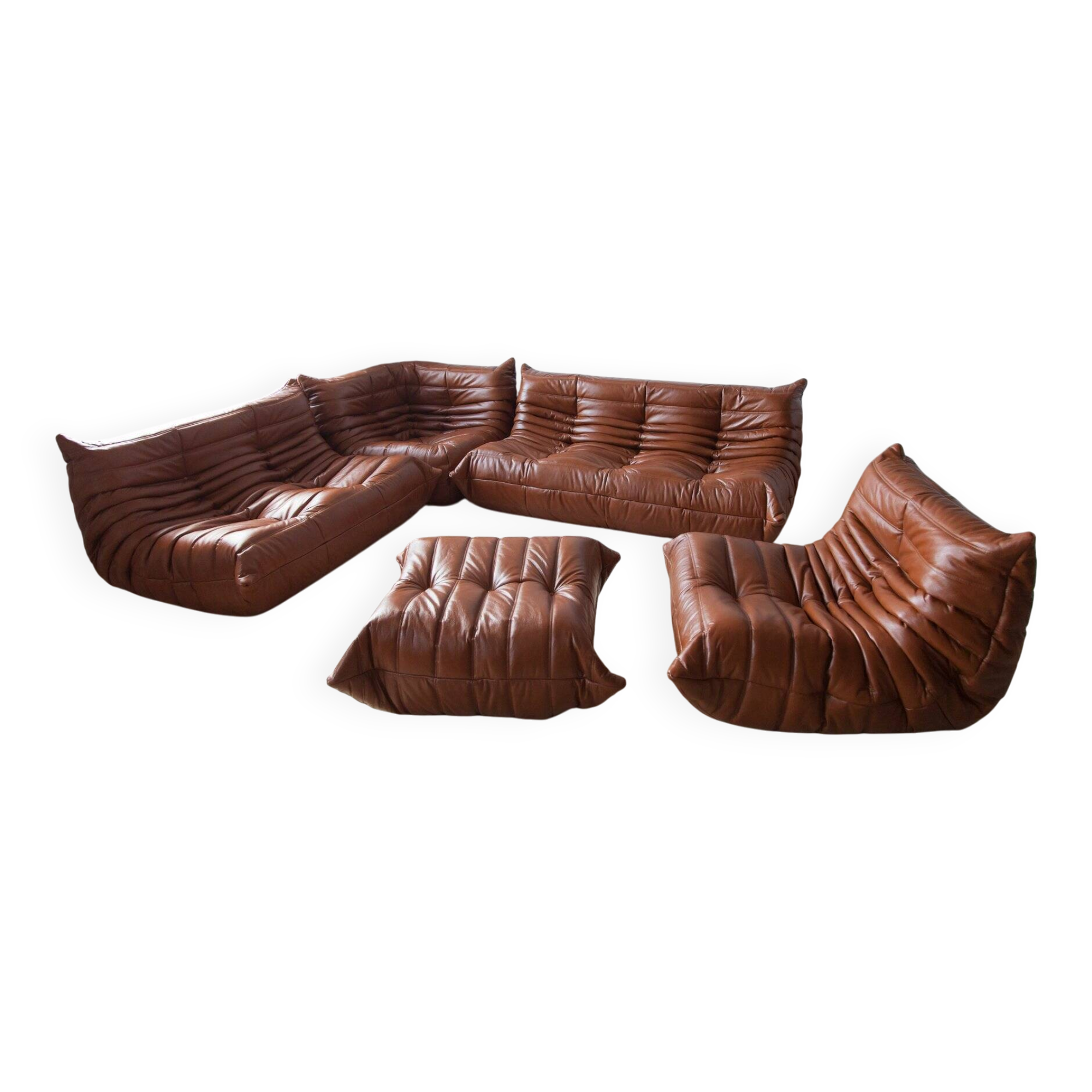 Cognac  brown leather Togo living room set, set of 5