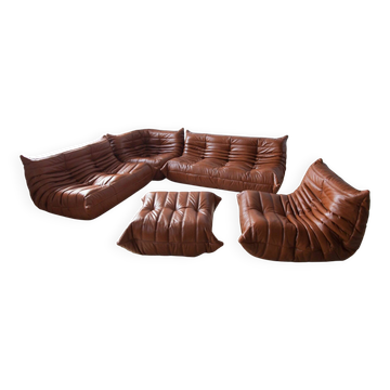 Cognac  brown leather Togo living room set, set of 5