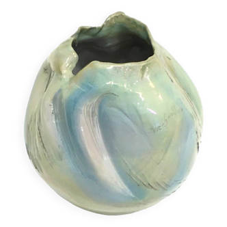 Postmodern Sculptural Hand-Made Iridescent Blue Glazed Earthenware Vase, Italy