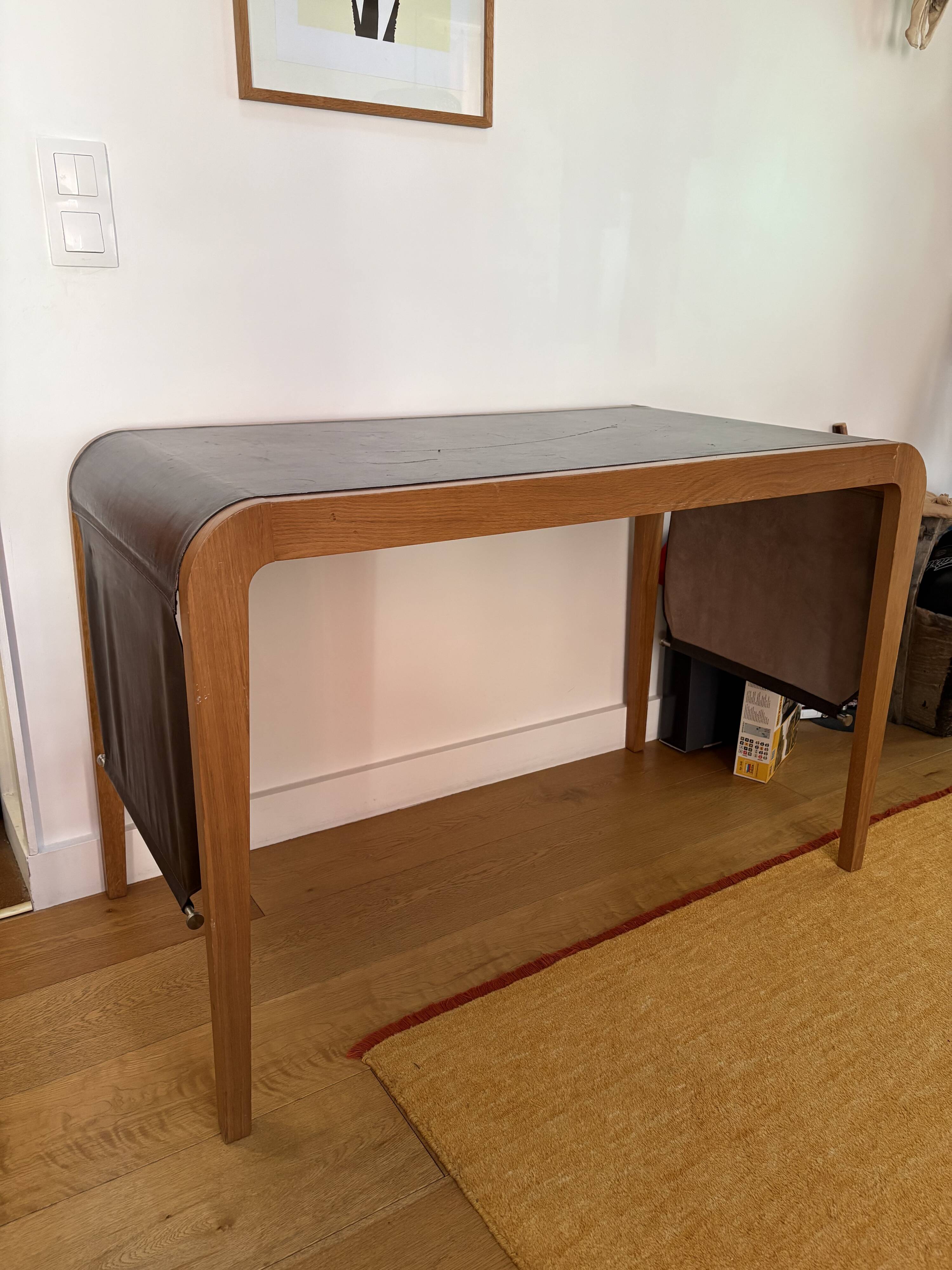 Vintage curved wood and leather desk – 1970s/80s